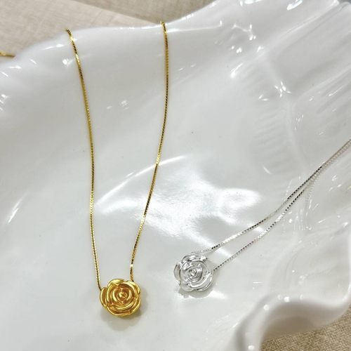 s925纯银花朵项链女玫瑰花足银吊坠锁骨链小众简约气质盒子链百搭