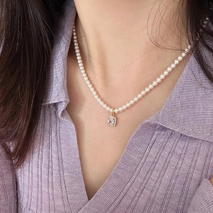 s925纯银施家珍珠法式复古方块项链女轻奢小众百搭高级锁骨链颈链