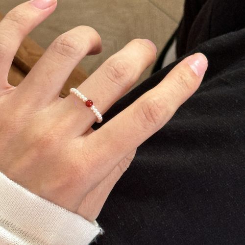 天然红玛瑙施家珍珠戒指s925纯银弹力绳食指戒baby女高级感简约