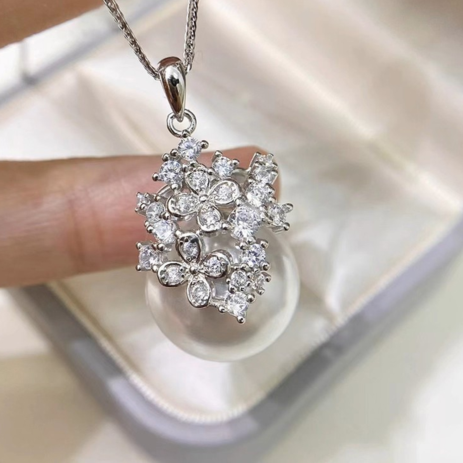 施家珍珠项链单颗满钻S925纯银女