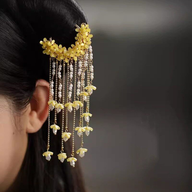 中式珍珠发簪流苏国风压鬓簪黄色桂花步摇凤钗婚礼穗子颤珠簪发钗