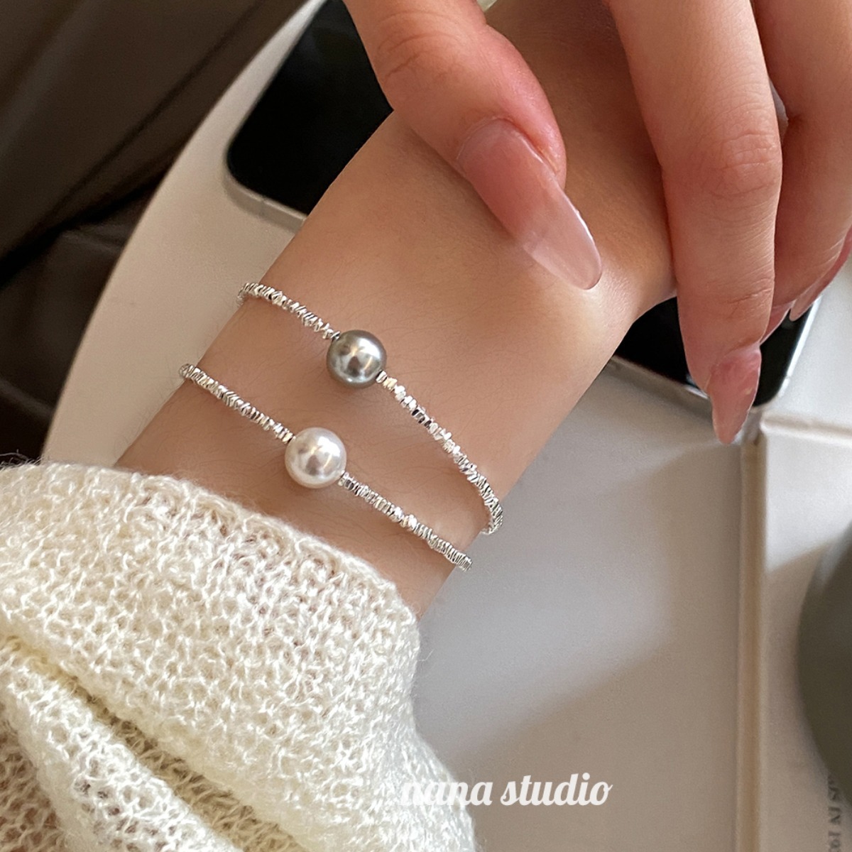 s925纯银施家珍珠碎银子手链女款小众碎银几两手饰2025新款ins风