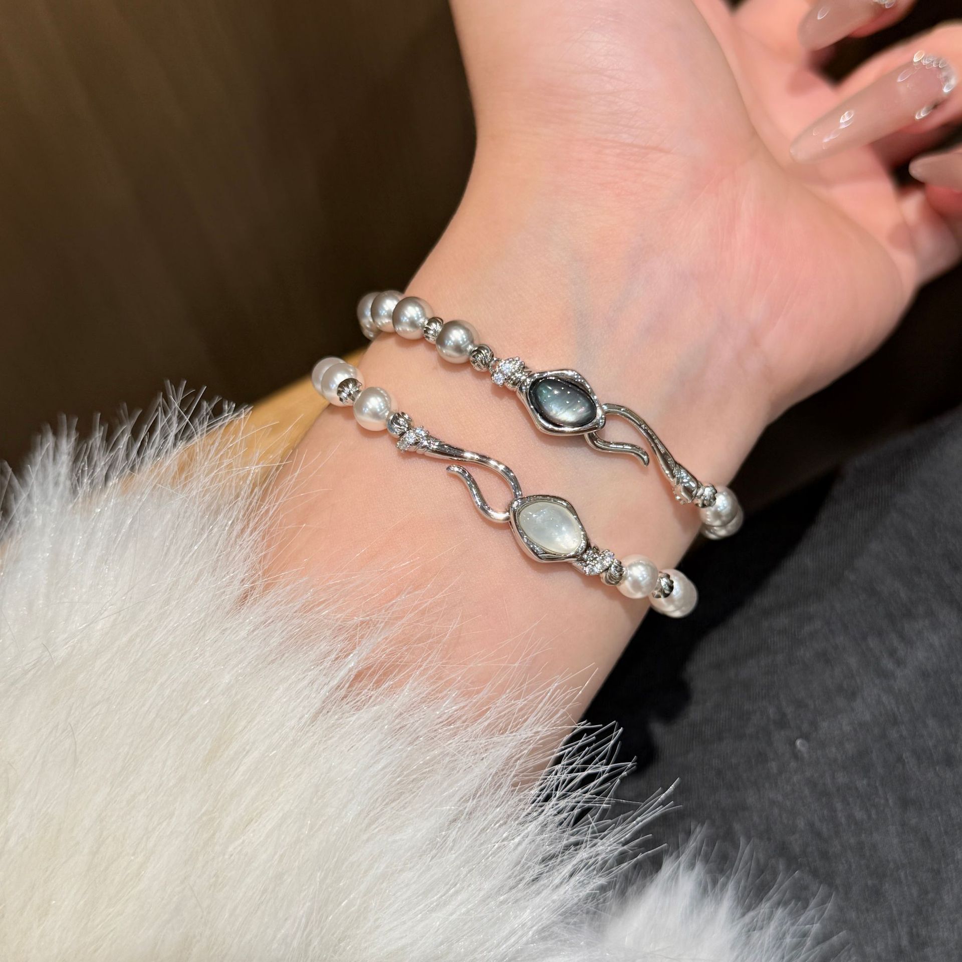 纯银*家珍珠手串天然白贝母几何菱形手链轻奢高级感潮流精致手饰