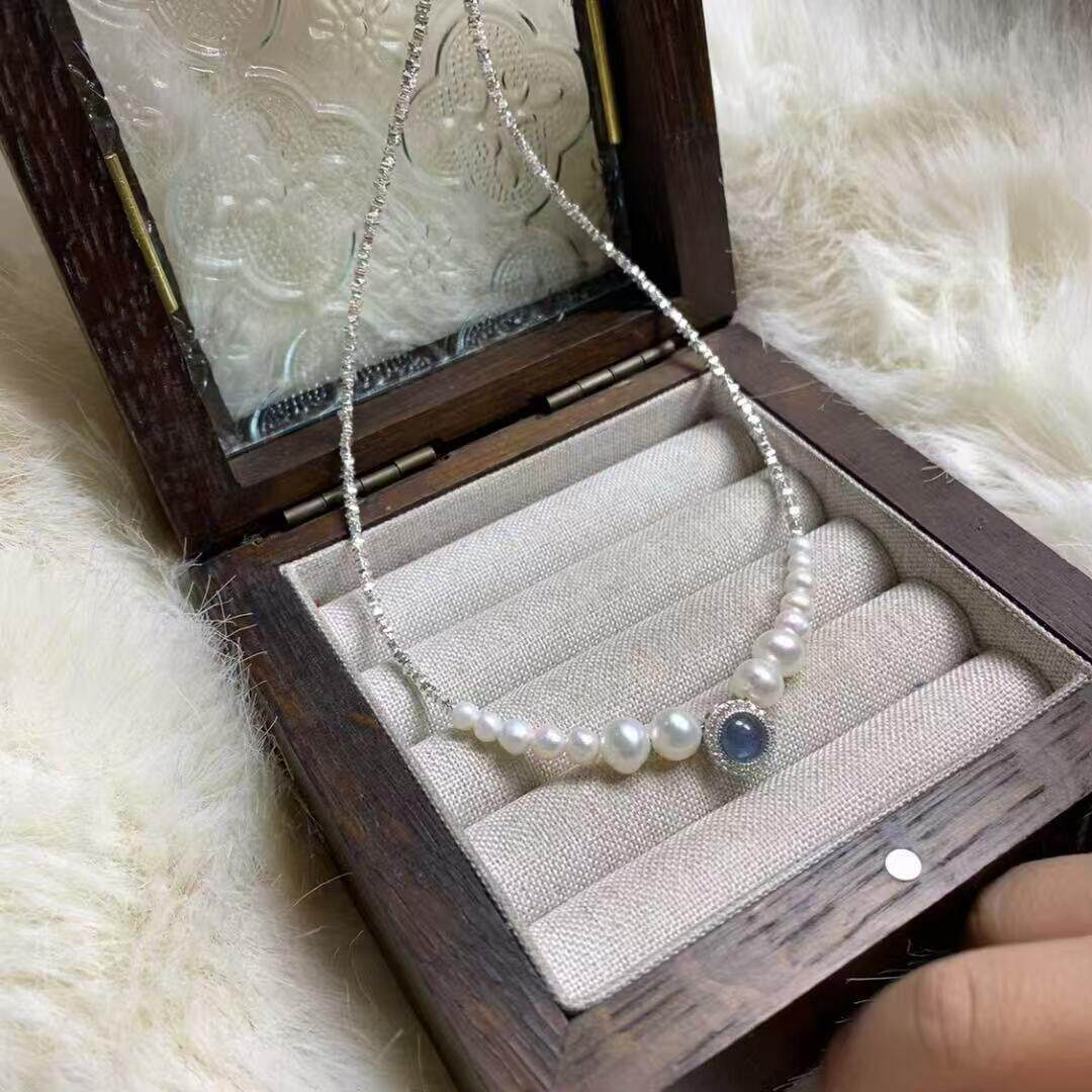 s925纯银天然淡水珍珠渐变海蓝宝碎银子项链女小众高级感轻奢锁骨