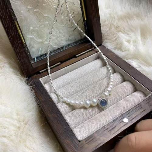 s925纯银天然淡水珍珠渐变海蓝宝碎银子项链女小众高级感轻奢锁骨