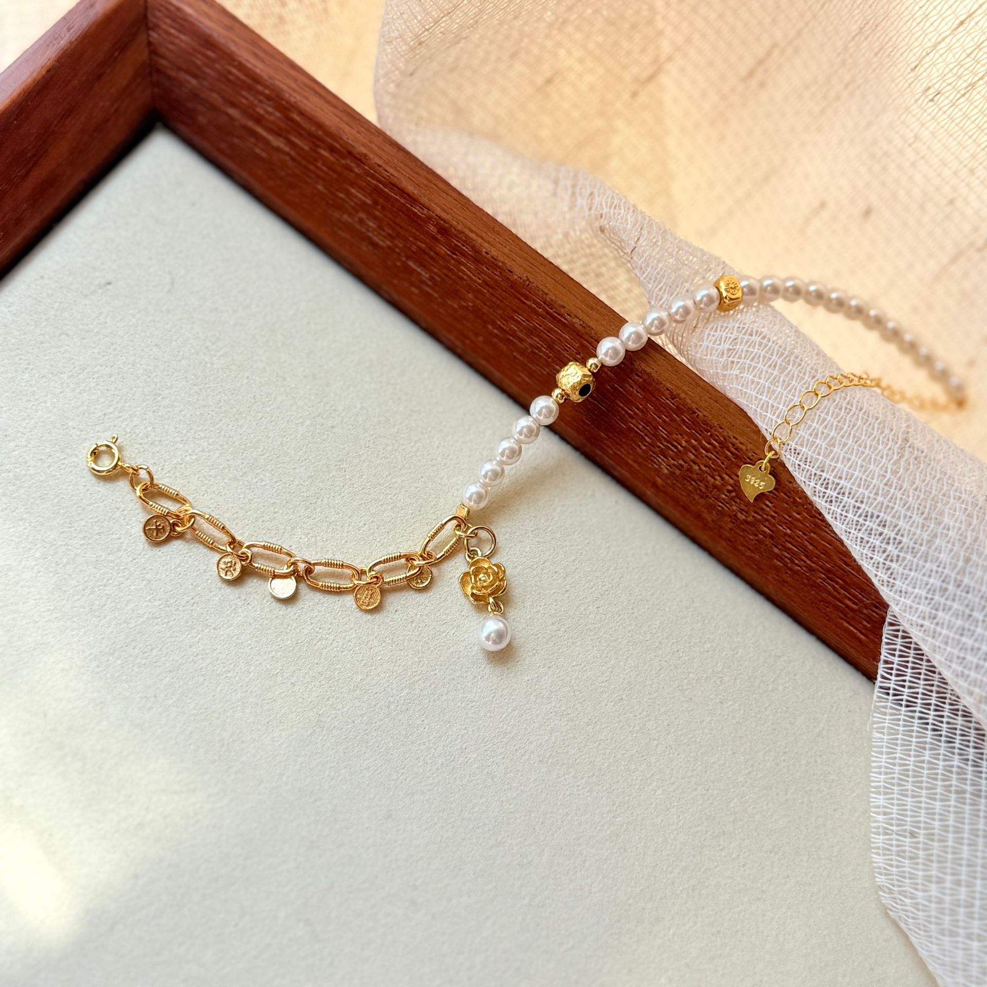 s925纯银施家珍珠莲花手链女小众设计平安喜乐手串新中式百搭手饰