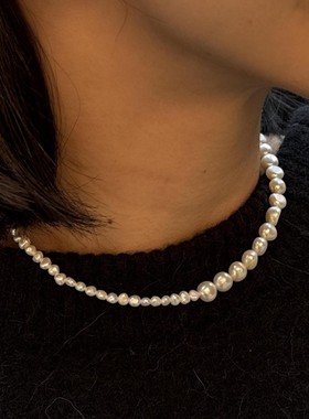 s925纯银不规则天然淡水巴洛克珍珠渐变项链女设计感小众优雅颈饰