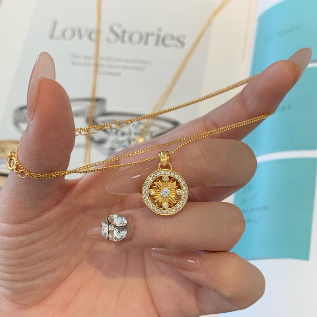 s925纯银老铺黄金同款沙金图腾吊坠太阳花罗盘项链女轻奢小众设计