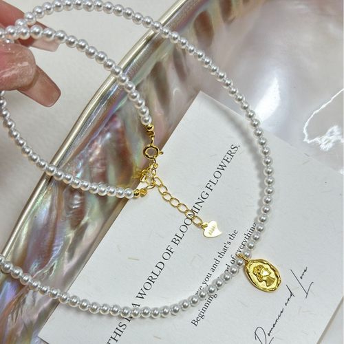 s925纯银施家澳白珍珠圆牌吊坠轻奢小众高级感女王项链女冷淡风