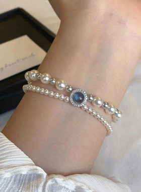 s925纯银天然海蓝宝双层施家珍珠手链女轻奢小众精致高颜值手饰