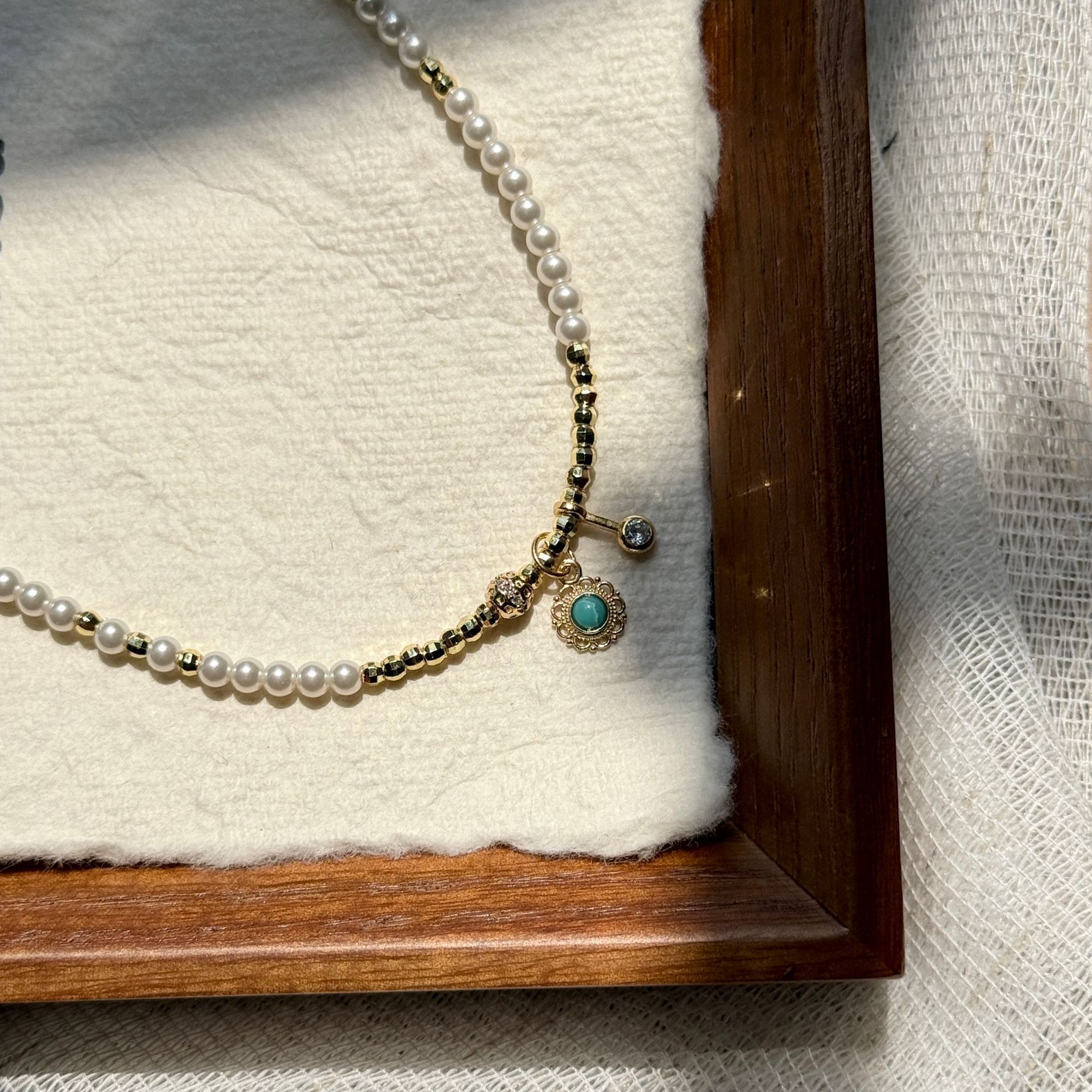 s925纯银新中式天然绿松石项链女小众设计复古锁骨链施家珍珠串珠