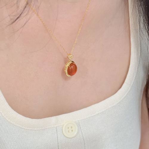 s925纯银天然冰种南红椭圆项链女轻奢小众高级感锁骨链本命年吊坠