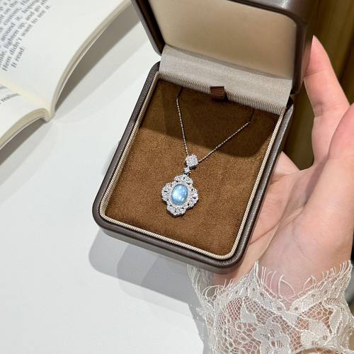 s925纯银天然海蓝宝大吊坠千金锁骨链满钻星空项链女轻奢高级感