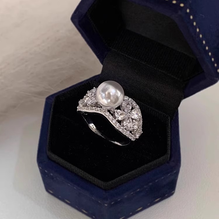 s925纯银正圆珍珠满钻花朵戒指女轻奢高级感小众设计开口指环