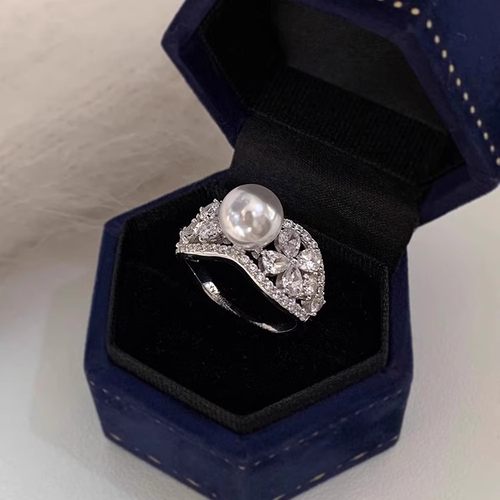 s925纯银正圆珍珠满钻花朵戒指女轻奢高级感小众设计开口指环