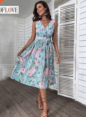 WOFLO Summer Woman Flower Print Beach Dress Party Elegan