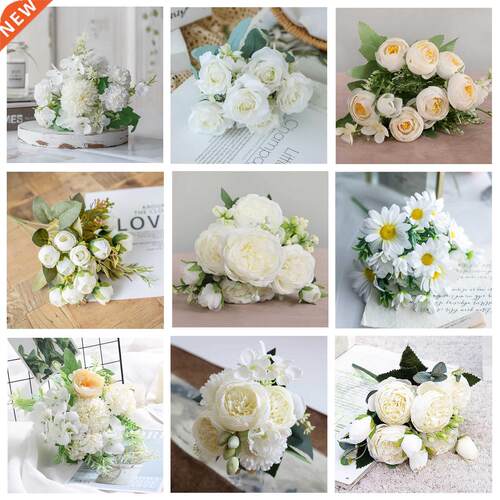 1 Bouquet white Artificial Flowers Peony Tea Rose Autumn Sil