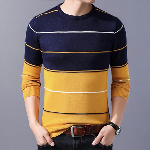 2021 Casual Men's Sweater O-Neck Striped Slim Fit Knittwear
