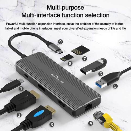 Blueednless TypeC USB Hub 8 in1 HDMI-Compatible PD Rj45 SD T