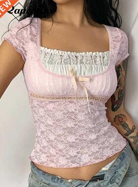 Rapcopter y2k Pink Trim Crop Top Bow Cute Sweet T Shirt Wome