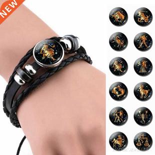 12 Constellation Leather Bracelet Zodiac Sign Handmade Glass