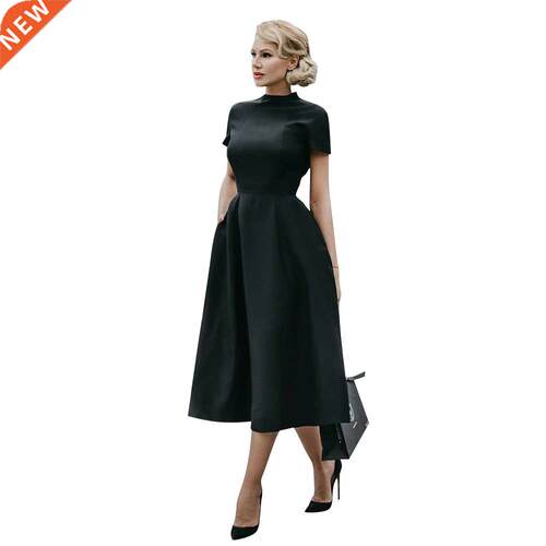 Women Elegant Black Shirt Dress Half High Collar High Wai