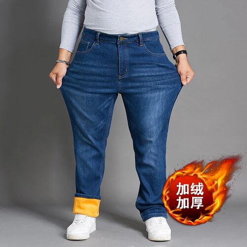 Big Size 44 46 Fleece Thick Jeans Men Winter Straight Loose