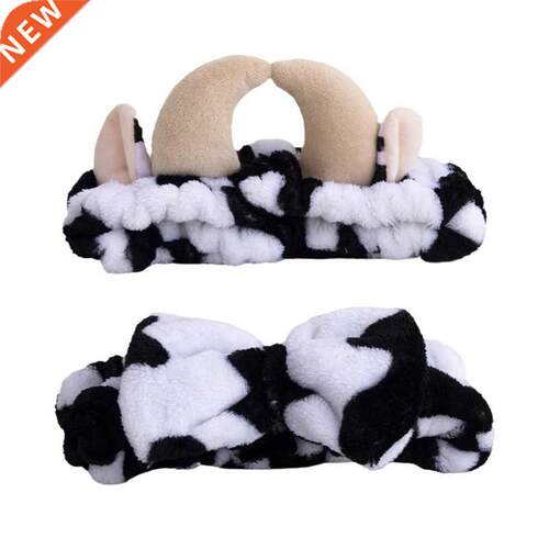 Cow Headband Bow Horns Flannel Bandana Face Makeup Hairband