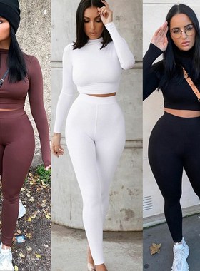 Two Piece Sets Women Solid Autumn Tracksuits High Waist Stre