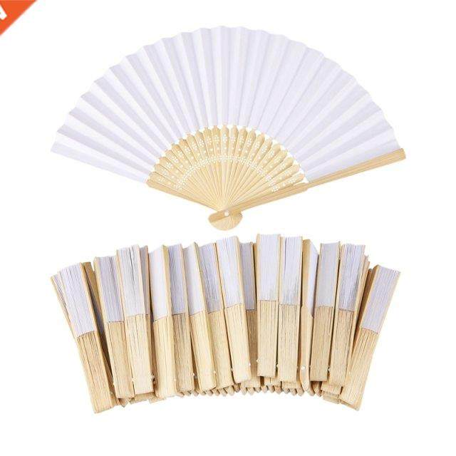 50 pcs/lot White Folding Elegant Paper Hand Fan Wedding Part