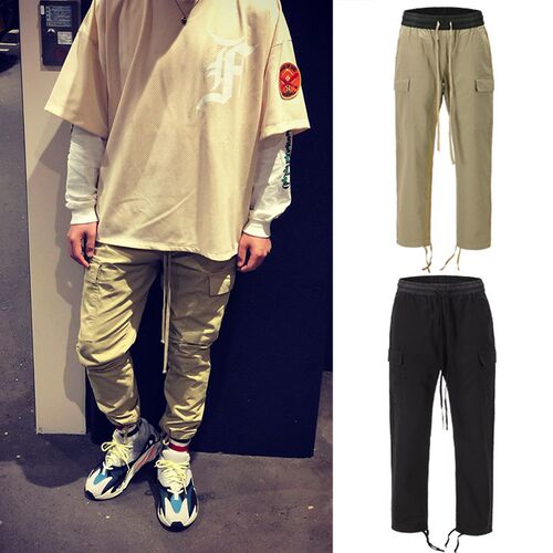 High street Khaki Drawstring Multi-pockets Cargo Pants Men a