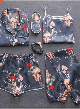 7 Pieces Womens Silk Satin Pajamas Sets Pyjamas Set Sleepwe