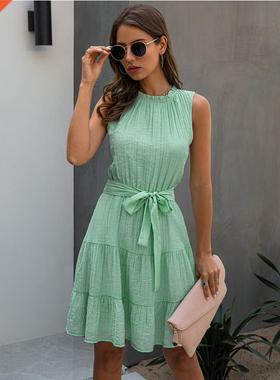 2021 Summer Sweet Pleated Dress A-Line Women Sashes Dress Sl