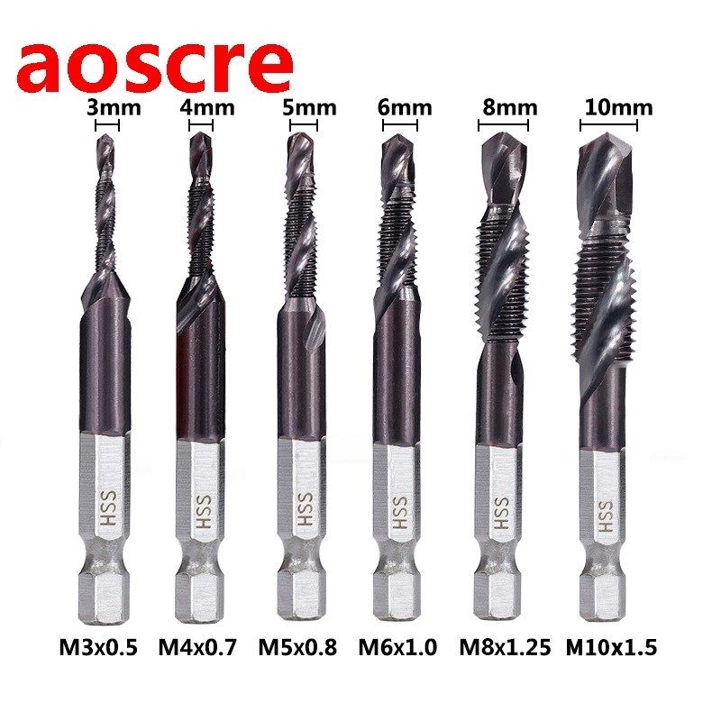 6pcs M3-M10 Combination Drill Tap Bit Set 1/4 Inch Hex HSS-C