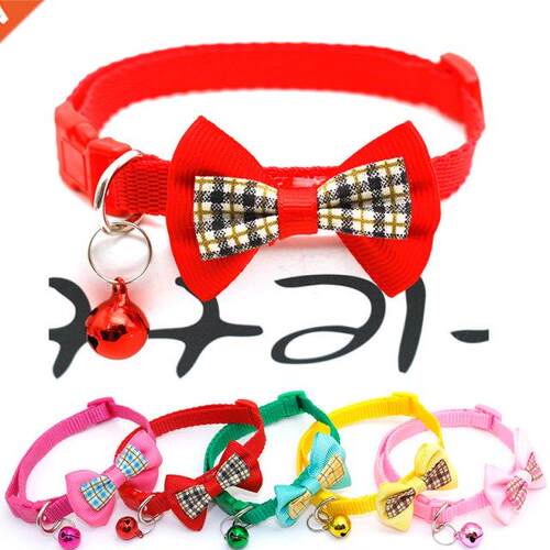 1Pc Lattice Grid Pet Cat Collars Adjustable Bow Tie Bell Bow
