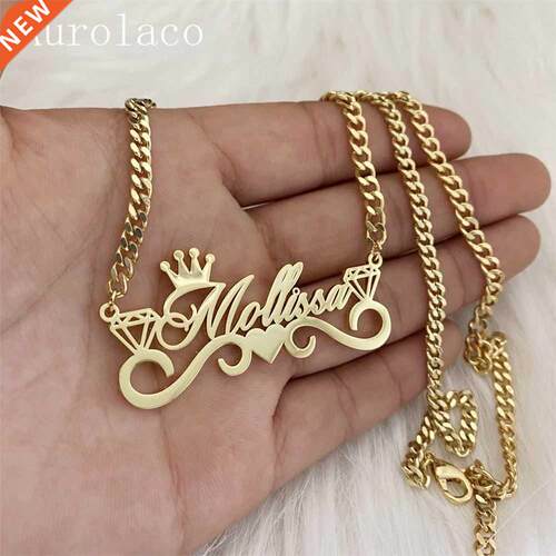 AurolaCo Custom Name Necklace with Crown Personalized Cuban