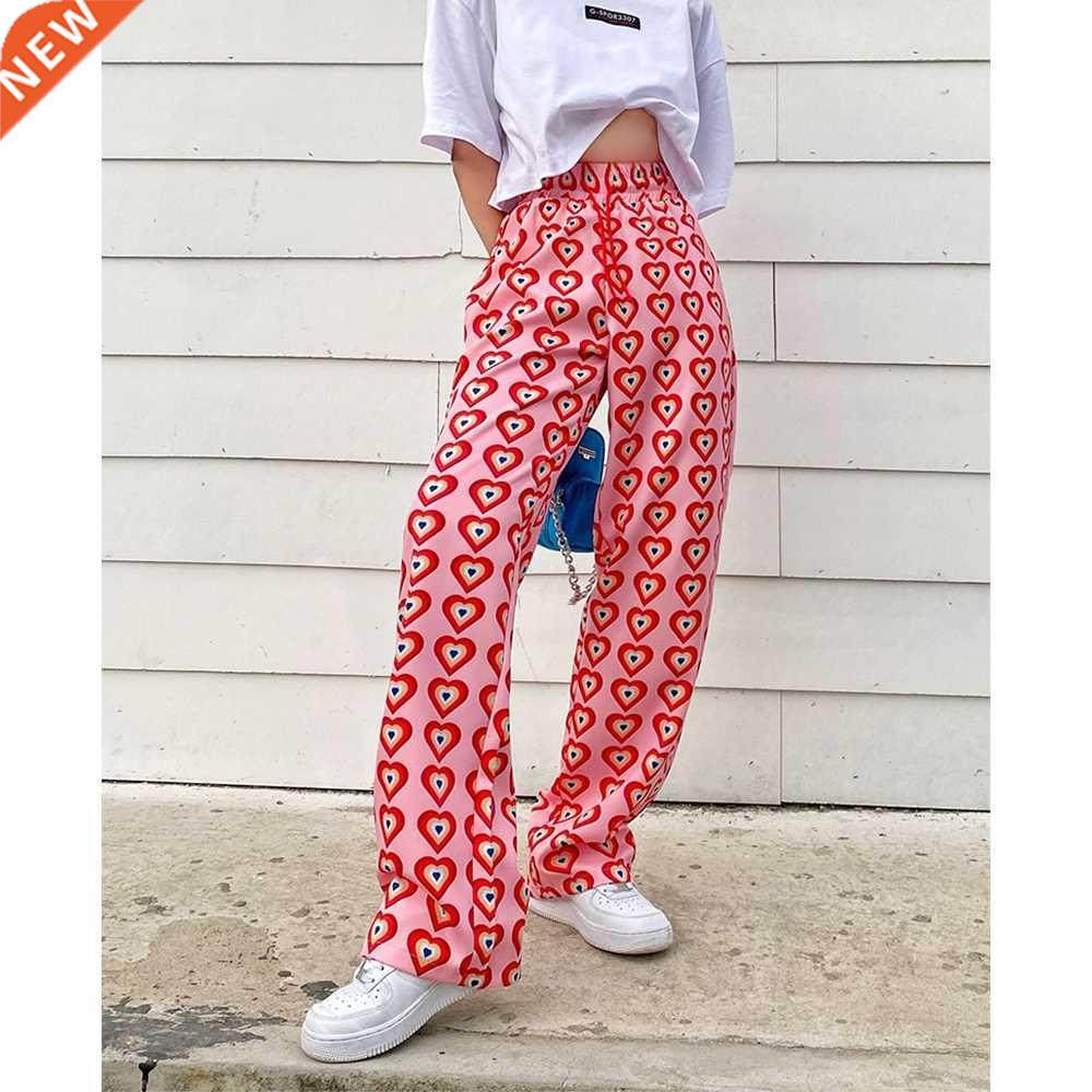 missnight pink pants heart printed straight elastic high wai