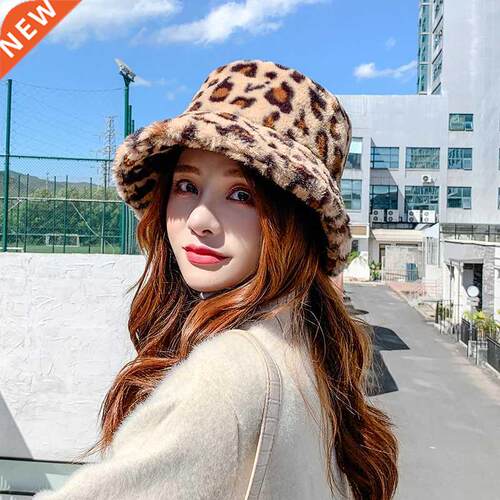 Winter New Women Bucket Hat Retro Leopard Warm Plush Soft Fu