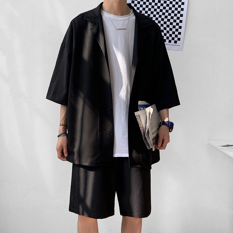 Korean Style Men's Set Suit Jacket and Shorts Solid Thin Sho图片
