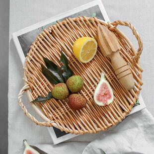 Rattan Round Fruit Tray with Handle Storage Tray Breakfast T