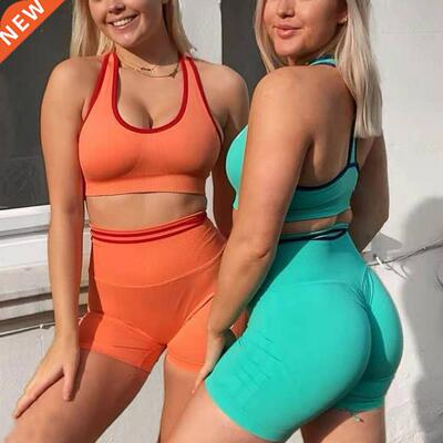 Summer Women 2PCS Short Sets Seamless Gym Suits Workout Outf