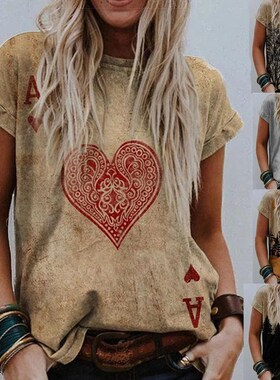 Women Summer T Shirt Vintage Valentines Day Heart Print Shor