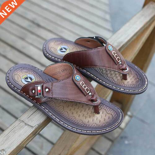 2021 Summer Beach Men Flip Flops Pu Leather Slippers Male Fl