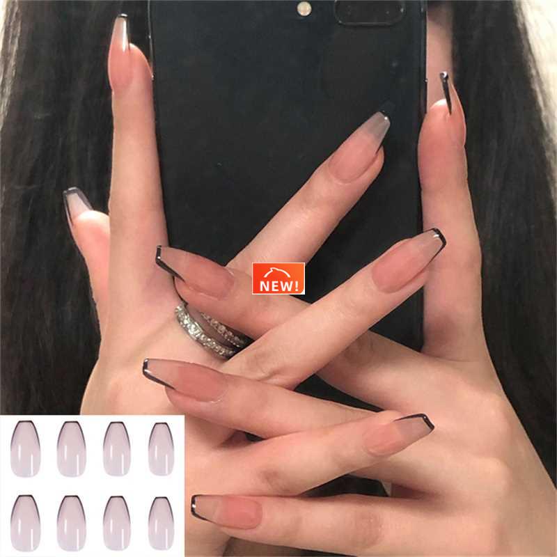 24PCS White and Black French False Nails With Design Tai Chi