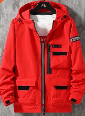 Spring Autumn Hooded Windbreaker Jacket Men Red Black Khaki