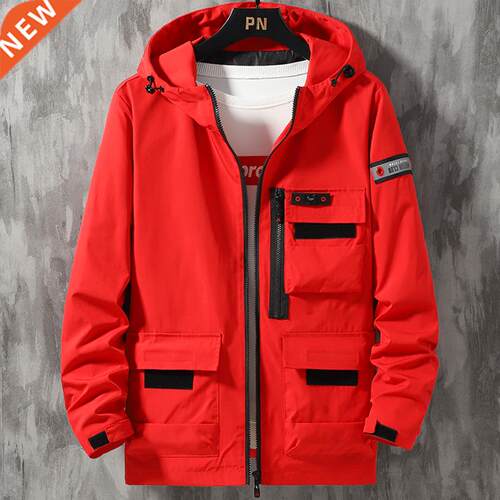 Spring Autumn Hooded Windbreaker Jacket Men Red Black Khaki