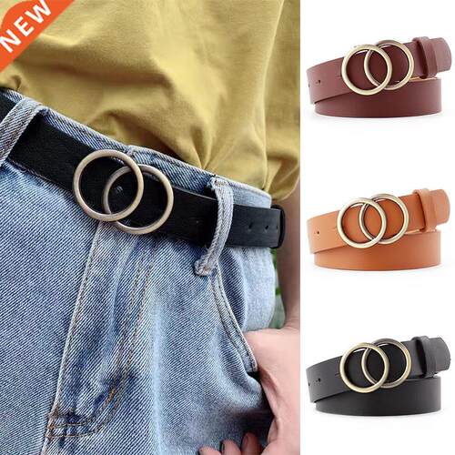Women Fashion Big Double Ring Circle Metal Buckle Belt Wild