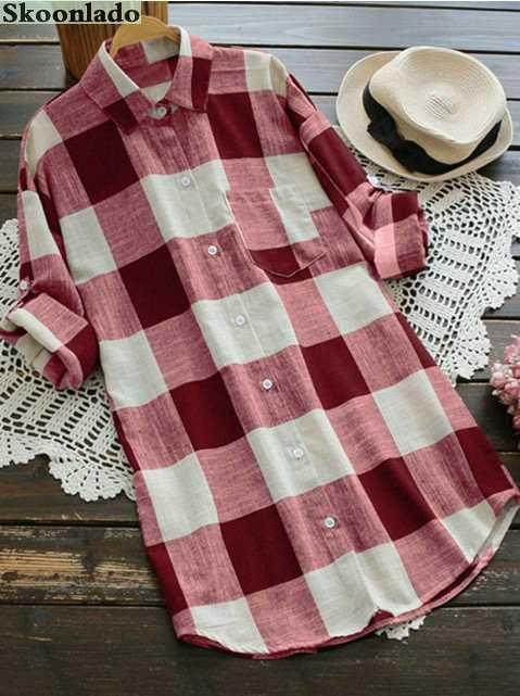 Good women cotton linen blouses classic plaid plus size lad