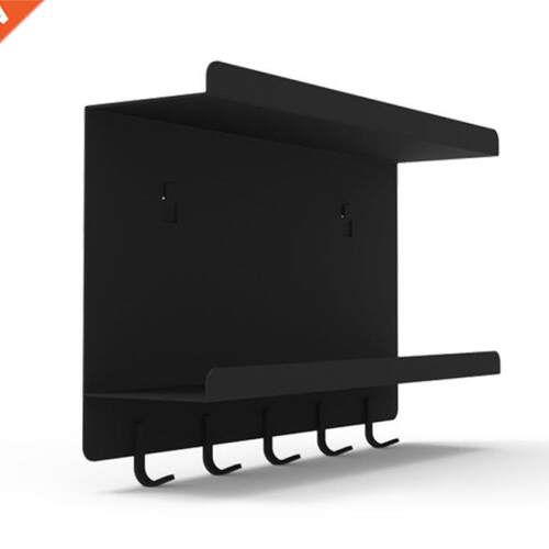 Black Wall Mounted Bathroom Shelf with Towel Rack and 5 Hook