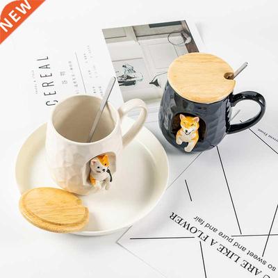 430ml Cute Animals Relief Ceramics Mug With Lid and Spoon Co